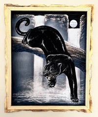 Black Velvet Painting Panther Waterfall Moonlight
