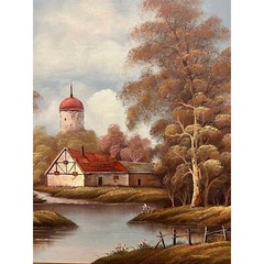 European farm landscape painting oil on canvas, signed German artist framed