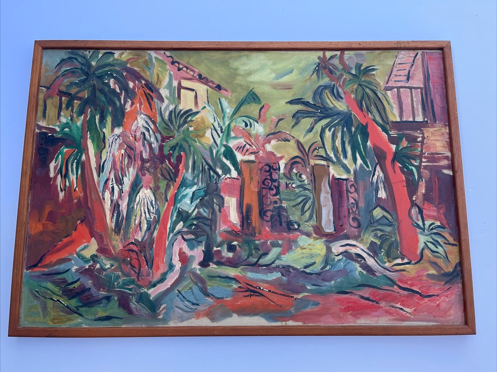 LARGE PAINTING MID CENTURY LANDSCAPE COASTAL TROPICAL PALMS MODERNIST MYSTERY