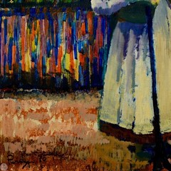 Vintage Framed Figurative Oil on Board „Woman in the Garden“ By Donald Roy Purdy