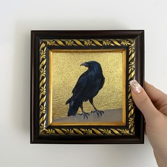Original Black Bird Painting on Brown Gold Framed Miniature for Gift 4×4 inch