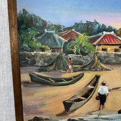 S. Higa Okinawa Japan oil painting boats at dock & landscape scene Asian Art