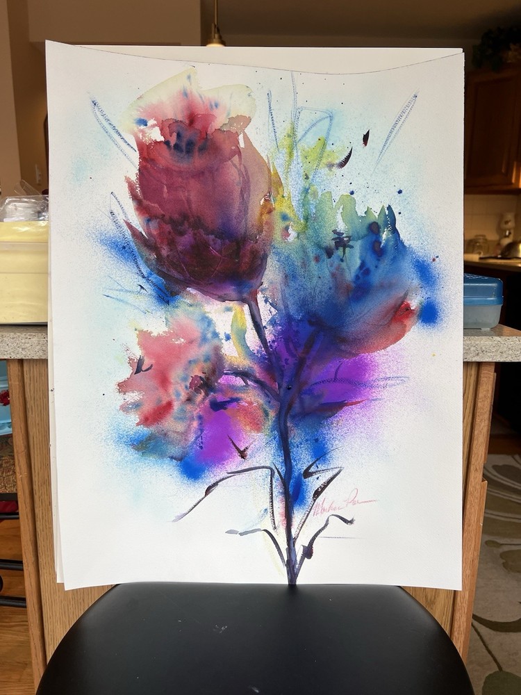 Orig Watercolor Painting 17 1/2×22 3/4 Abstract Flowers OOAK Unframed