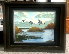 *THREE DUCKS FLYING OVER MARSH* ON CANVAS BOARD- SIGNED, RECLAIMED FRAME & MAT