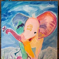Playful elephant expressionism modern wall art painting 14X11 canvas original