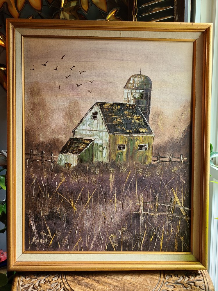 Vintahe Original Oil Painting Rustic Barn Farm Landscape Signed Doris Framed Mcm