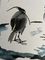 Original Sumi Ink Watercolor Painting Birds Artist Seal With Signature