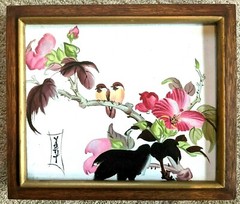 Painting Birds in Fruit Tree Oriental pink Original Asian Look Blossoms Framed