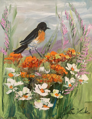 Bird flowers Landscape Original Oil Painting Impressionism Margaret Raven