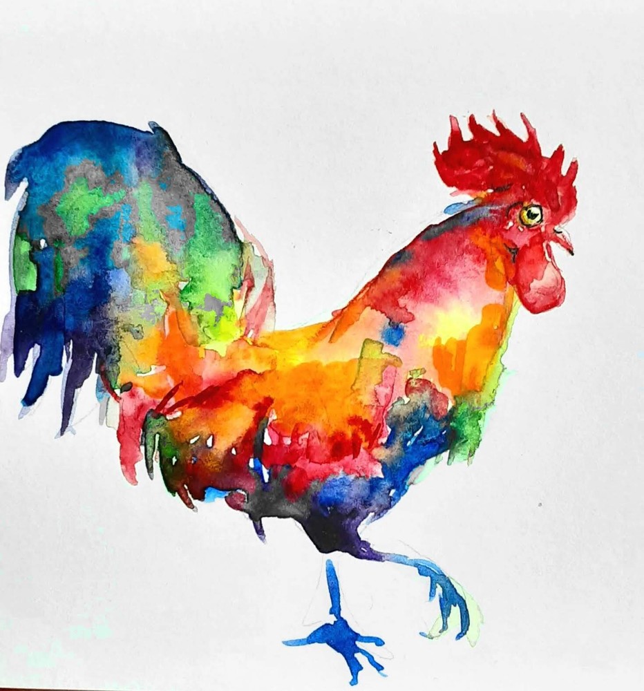Colorfu rooster chicken Bird art watercolor painting,nature lover unique gift