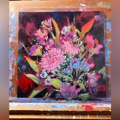 Original Bumblebee bouquet painting floral still life surreal nouveau flowers