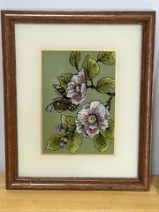 Reverse Glass Painting Set 2 Floral Butterfly Design Dogwood VTG Wood Frames SEE