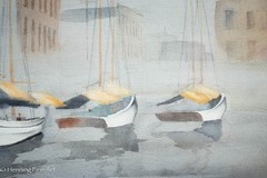 Vintage Robert Cummins Painting of Sailboats in European City Harbor 28 x 22″