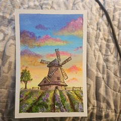 4×6 inches original acrylic painting, windmill in the sunset, not an aceo