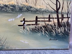 BODAN SIGNED OIL PAINTING WINTER BARN SNOW LANDSCAPE 24″ X 36ART RESTORATION