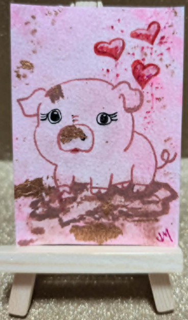 ACEO Original Artist Trading Card 2.5 x 3.5 inches – Animal pig copper foil mud