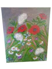 Painting Red Poppy Field of Flowers Dragonfly 16 x 20 Canvas Daisies Original