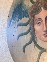 Antique Allegorical Hand-Painted Oil on Wood Baroque Wall Hanging Plaque of Wing