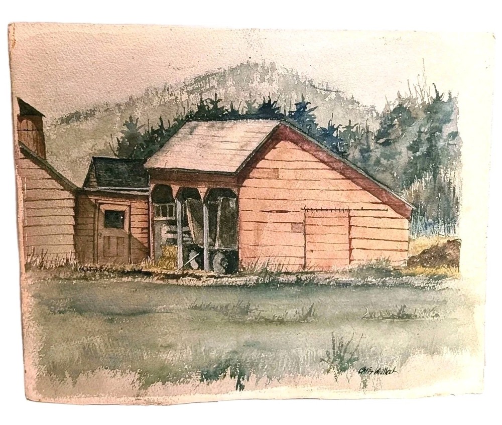 Original Chris Whitlock Watercolor Painting Barn Homestead Landscape 13.5×11