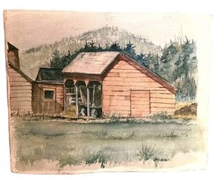 Original Chris Whitlock Watercolor Painting Barn Homestead Landscape 13.5×11