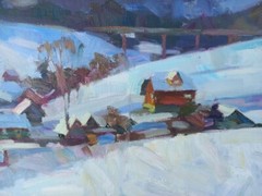 Oil painting In Village Ukrainian painter Canvas original winter landscape art