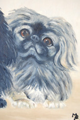 VTG 60S FRAMED ORIGINAL OIL PAINTING OF BLACK AND GRAY PEKINGESE DOGS ARTIST: ME