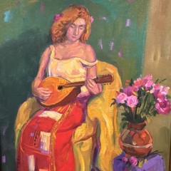T. Koutsenko Signed Framed Expressionist Woman w/ Mandolin, 27×25”