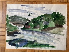 Vintage 1950’s Watercolor Painting Green Lush Landscape Barn Field OOAK 18 x 24