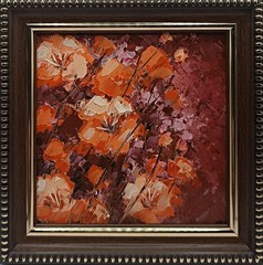 Textured Orange Flowers Painting Original Impasto Burgundy Botanical Art Framed