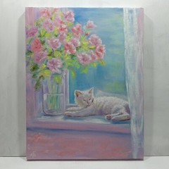 Cat Flowers Original Oil Hand Painted Signed Wall Art Decor Gift Ukraine Artist