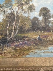 ANTIQUE PAINTING LANDSCAPE LAKE WITH FIGURE IMPRESSIONIST LISTED 1910’S SIGNED