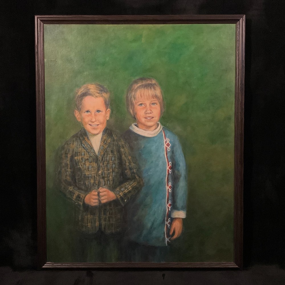 Antique Framed Original Portrait Oil on Board „Belgian Siblings“, By Schumacher
