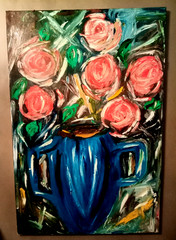 large 3×2 ft oil painting Dusty Rose flowers needs to dry modern art by PB