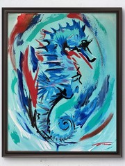 Seahorse Blue Red Abstract Expressionist Original Art 14×11 Canvas