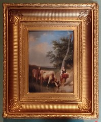 Antique 19th Century Oil Painting On Panel Milk Maid & Cows Baptiste Tschaggeny