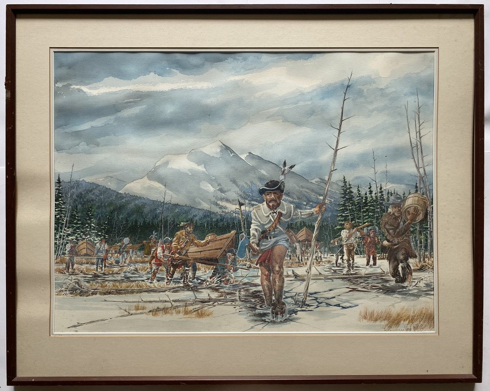 Large Original Realism Painting Colonial Pioneers Military Soldiers Landscape