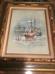Original Vintage Oil Painting Bowen Boats In Harbor, Framed
