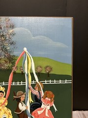 Folk Art Oil Painting on Wood Board “Children Playing Village Farmhouse Scene