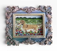 Golden Retriever in Red Poppy Landscape mini watercolor print in ornate frame