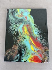 Original Abstract Acrylic Pour Painting 8×10 Black red yellow Gold Glitter