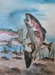 Realism Trout Fish Painting, Fishing Water Theme, Nature Animals Artwork