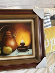 Vintage Original Kitchen Still Life Oil Painting Wood Frame Signed Wall Art