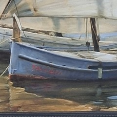 “Violet Boat” By Juame Laporte Sailboat, Seascape, Realism, Blue, Tan, cream