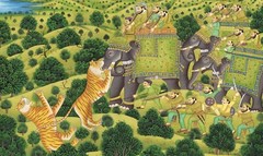Indian Hunting Art Painting Of Maharaja Shooting The Tiger 17.5×13.5 Inches