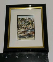1970s Miniature Framed Watercolor Harbor Scene France • 5″x4″ Signed
