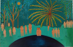 blue tropical tiki island pond nudes palms moonlight green painting pool tiki