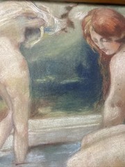 Antique Painting Drawing Women Bathing Nature Female Model Woman Landscape