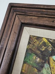 Vint. Original Framed 16×19 Street Scene Abstract Oil Painting On Canvas-Signed
