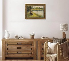 Vintage Gold Framed Wall Art Boy Fishing Country Painting Picture Peaceful Lake