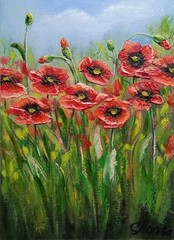 Landscape Originsl Oil Painting Flowers Red Poppies in the Field Art 5 x 7 in